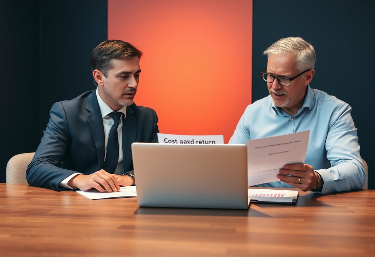 A consultant and a UK managing director reviewing printed cost and return figures together