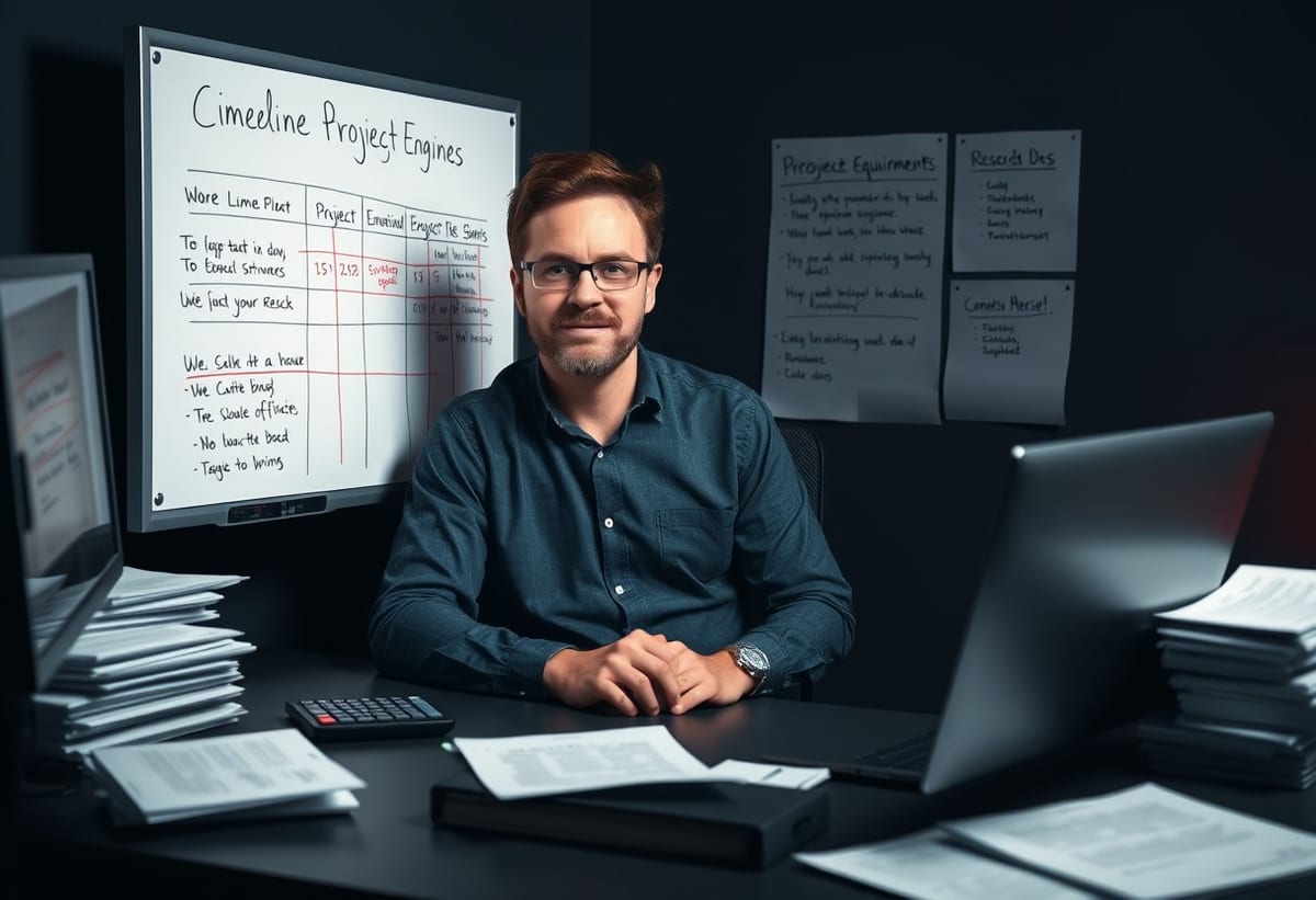 Software engineer at a desk beside a whiteboard of revised project estimates