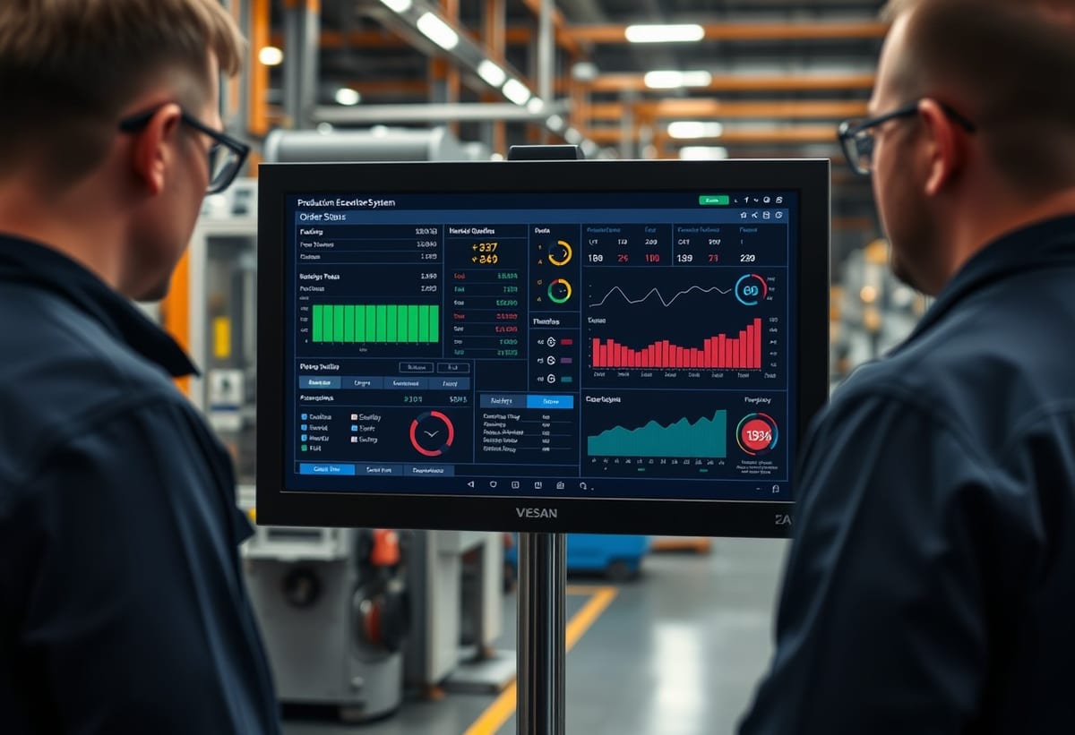 Manufacturing factory floor with production tracking displays